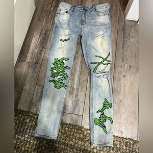 Se’renade acid washed Skinny distressed Streetwear Jeans Lime Green embroidery